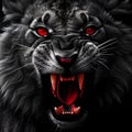 AI generated illustration of a fierce lion with glowing red eyes, baring its teeth in menacing growl