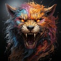 AI generated illustration of a fierce-looking wolf, its fur painted in a mixture of vibrant colors