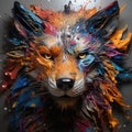 AI generated illustration of a fierce-looking wolf, its fur painted in a mixture of vibrant colors