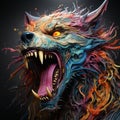 AI generated illustration of a fierce-looking wolf, its fur painted in a mixture of vibrant colors