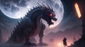 AI generated illustration of a fierce mythical dragon facing off a warrior in a moonlit land