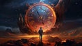 AI generated illustration of a figure in front of a clock with a starry night sky in the background Royalty Free Stock Photo