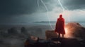 AI generated illustration of a figure wearing a bright red cape standing a cliff Royalty Free Stock Photo