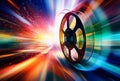 AI generated illustration of a film reel on a bright rainbow background