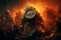 AI generated illustration of a firefighter with a clock on his back in front of a raging orange fire
