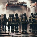 AI-generated illustration of the firefighters in full attire standing in front of a fire truck