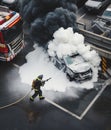 AI generated illustration of firemen extinguishing flames in a car