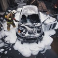 AI generated illustration of firemen extinguishing flames in a car