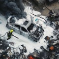 AI generated illustration of firemen extinguishing flames in a car