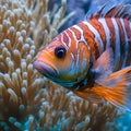 AI generated illustration of a fish with white and orange stripes stares at the camera Royalty Free Stock Photo