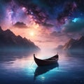 AI generated illustration of a fishing boat illuminated by the moonlight in a tranquil night sky