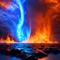 AI-generated illustration of flames over a black rugged surface with blue icy wave hitting it