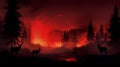 AI generated illustration of the flames of a raging inferno with deer in the foreground