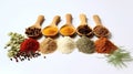 AI generated illustration of a flat-laid composition of spices on wooden spoons Royalty Free Stock Photo