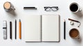 AI generated illustration of a flat lay design of an open notebook and pencils on the table Royalty Free Stock Photo