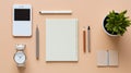 AI generated illustration of a flat lay design of an open notebook and pencils on the table Royalty Free Stock Photo