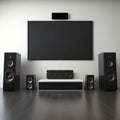 AI-generated illustration of a flat-screen television mounted on the wall above a pair of speakers. Royalty Free Stock Photo