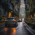 cars traveling along a mountain road in the rain in a dark, open canyon Royalty Free Stock Photo