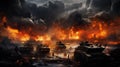 AI generated illustration of a fleet of military tanks surrounded by plumes of billowing smoke