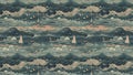 AI generated illustration of a fleet of sailboats pattern on a green background