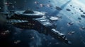 AI generated illustration of a fleet of space battleships navigating through an interstellar armada