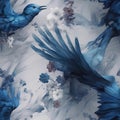 AI generated illustration of a flock of blue birds flying in formation against a gray background