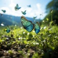 AI generated illustration of a flock of blue butterflies perched on wildflowers