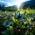 AI generated illustration of a flock of blue butterflies perched on wildflowers