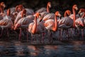 AI generated illustration of A flock of flamingos are gathering to drink from a body of water