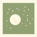 AI generated illustration of a flock of geese soaring in a green sky with a moon in a simple style Royalty Free Stock Photo