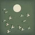 AI generated illustration of a flock of geese soaring in a green sky with a moon in a simple style Royalty Free Stock Photo