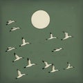 AI generated illustration of a flock of geese soaring in a green sky with a moon in a simple style