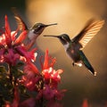 AI generated illustration of a flock of hummingbirds flying close together