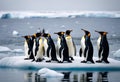 AI generated illustration of a flock of penguins perched aon a large, floating iceberg in a serene