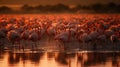 AI generated illustration of a flock of pink flamingos enjoying the warm evening sunset