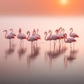 AI generated illustration of a flock of pink flamingos in a lake