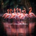 AI generated illustration of a flock of pink flamingos in a lake