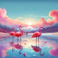 AI generated illustration of a flock of pink flamingos wading through a tranquil lake