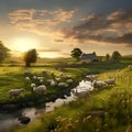 AI generated illustration of a flock of sheep peacefully grazing in a lush green field Royalty Free Stock Photo