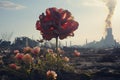 AI generated illustration of a flower growing in a damaged town