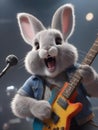 AI generated illustration of a fluffy hardrock rabbit guitarist, brutally and violently screaming