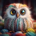 AI generated illustration of a fluffy owl perched on a pile of assorted knitting materials