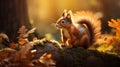 AI-generated illustration of a fluffy squirrel on a mossy log in a vibrant autumnal forest Royalty Free Stock Photo