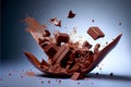 AI generated illustration of flying pieces of crushed chocolate on a blue background