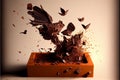 AI generated illustration of flying pieces of crushed chocolate on a brown background