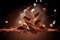 AI generated illustration of flying pieces of crushed chocolate on a dark background