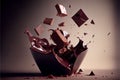 AI generated illustration of flying pieces of crushed chocolate on a dark background