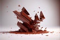 AI generated illustration of flying pieces of crushed chocolate on a white background