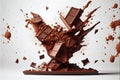 AI generated illustration of flying pieces of crushed chocolate on a white background