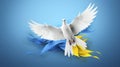 AI generated, illustration of a flying pigeon, symbol of peace. Pigeon with banners in yellow and blue colors. Colors of Ukraine.